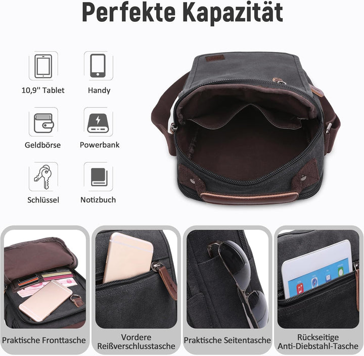 Vintage Herren Umhängetasche Lässig Schultertaschen für 10.9 Zoll iPad mit Griff Mehrere Taschen Mes