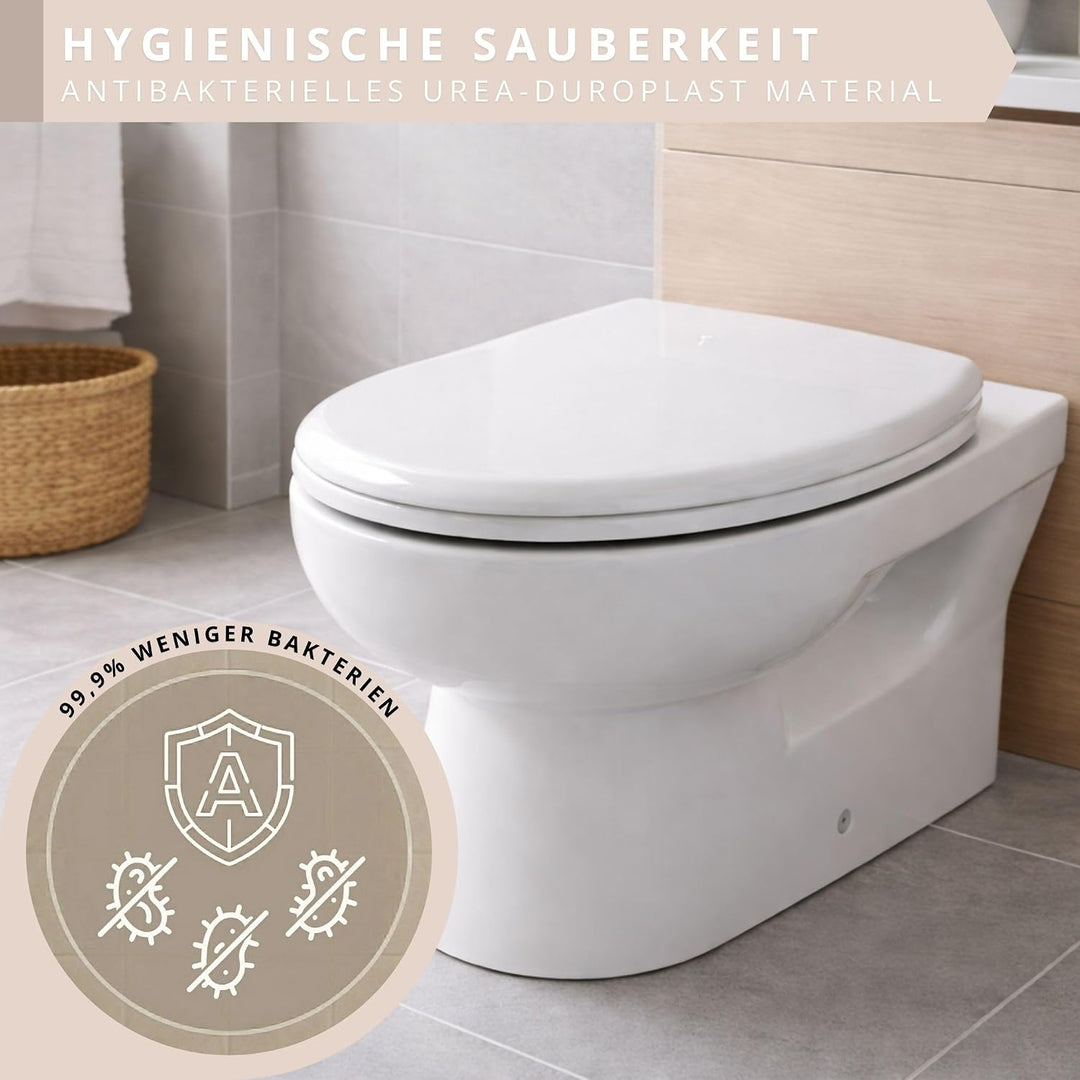 Toilettendeckel mit Absenkautomatik weiss oval, WC-Sitz abnehmbar antibakterielles Urea Duroplast, I
