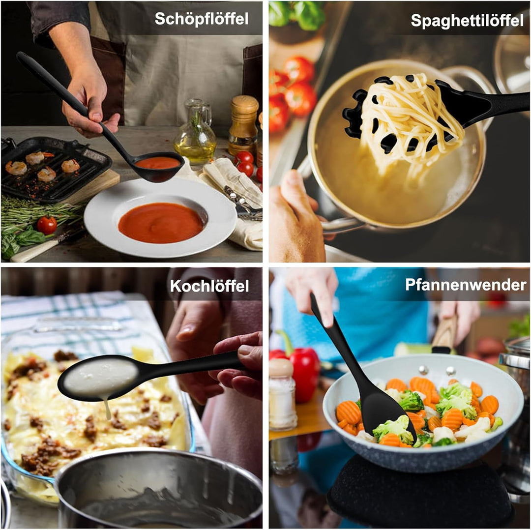 Homikit Silikon Küchenhelfer Set, 12 Stück Schwarz Kochutensilien | Hitzebeständiger Kochgeschirr, K