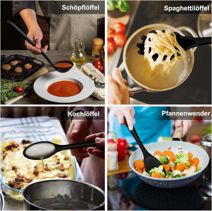 Homikit Silikon Küchenhelfer Set, 12 Stück Schwarz Kochutensilien | Hitzebeständiger Kochgeschirr, K