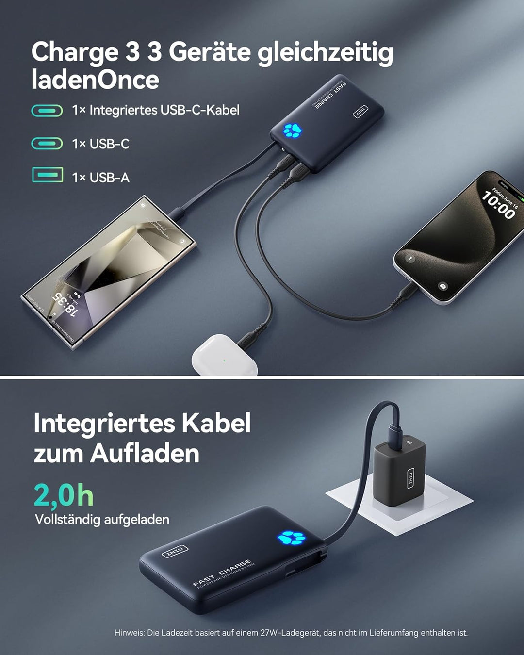 INIU 45W Power Bank, Mini-Grösse 10000mAh PowerBank mit Integriertem USB-C Kabel, Schnellladen Exter