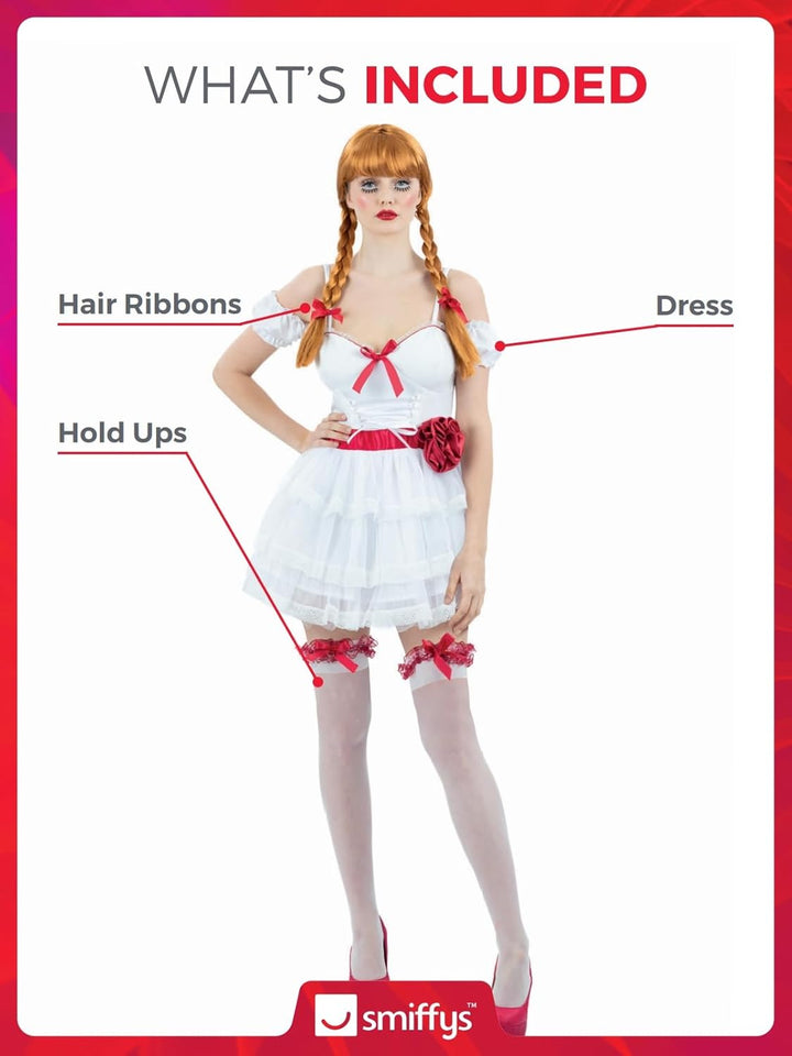 Smiffys 81003 Annabelle Minikleid Kostüm, Damen, Weiss & Rot X-Small (UK 4-6), X-Small (UK 4-6)
