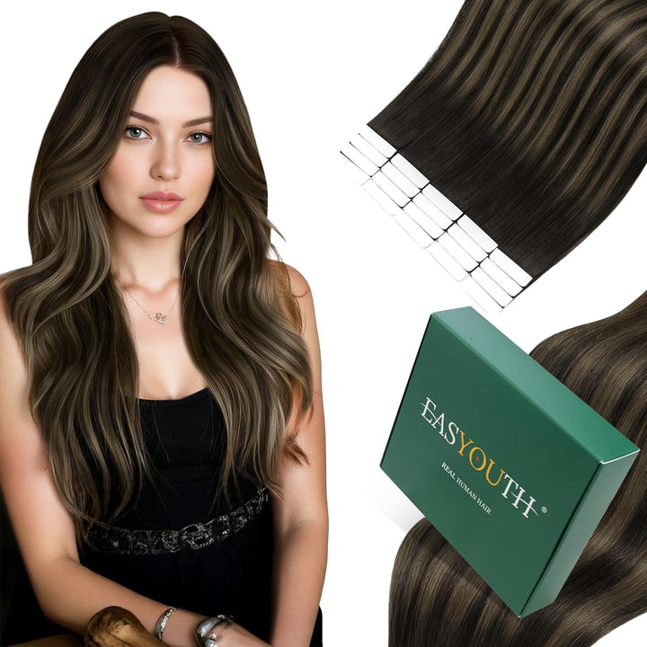 Easyouth Adhesive on Extension Haar Extensions Tape Echthaar 24 Zoll 50g Farbe Dunkelbraune Mischung