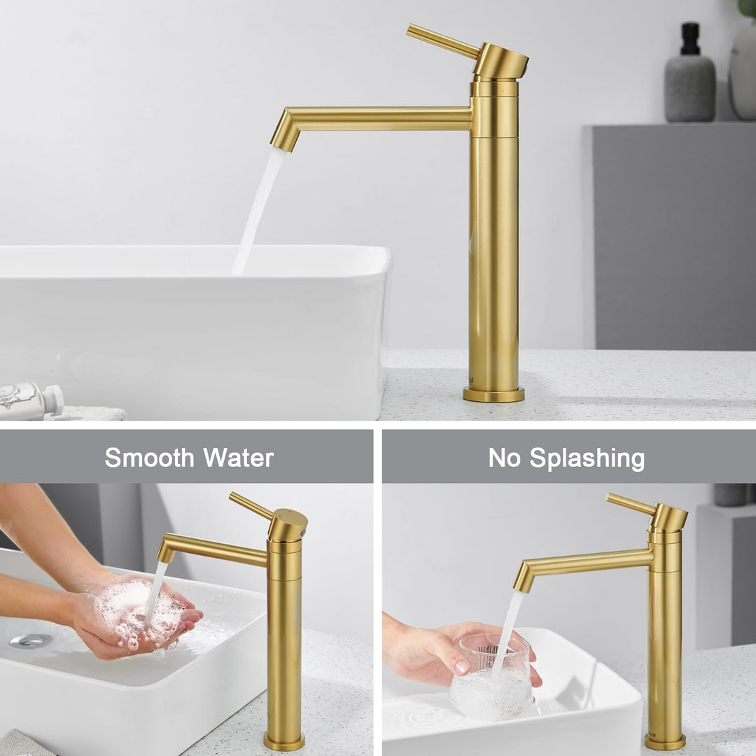 Ulytid Wasserhahn Bad Gold, Waschtischarmatur Hoch Aufsatzwaschbecken 360° Schwenkbar, Armatur Badez
