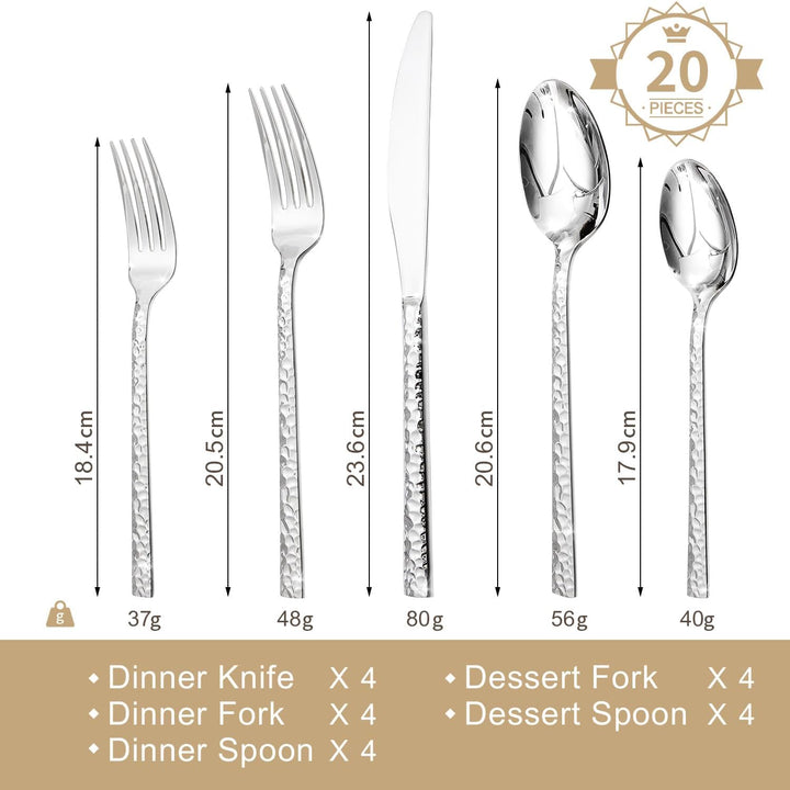 HIKAA Besteck Set 4 Personen aus Gehämmert, 20-Teilig Essbesteck 18/10, Edelstahl Besteckset für Zuh