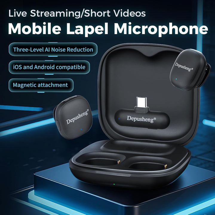 Depusheng V2 2 Stück kabelloses Lavalier-Mikrofon für iPhone, iPad und Android mit Ladecase, 8 Stund