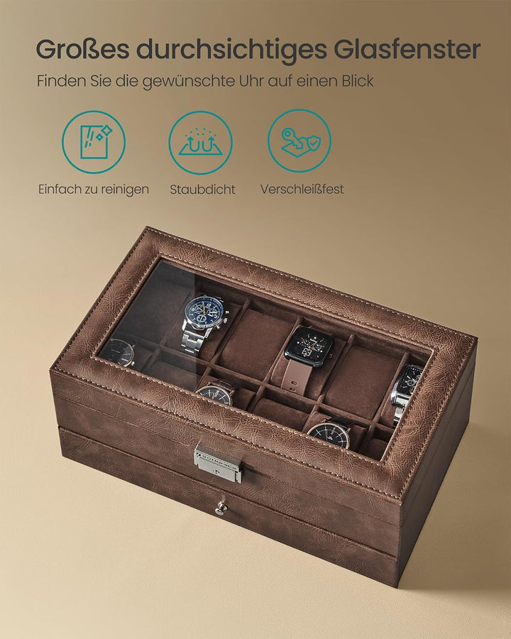 SONGMICS Uhrenbox, Uhrenkasten mit Glasdeckel, Uhrenkoffer 2 Ebenen, für 12 Uhr, abschliessbar, 1 Sc