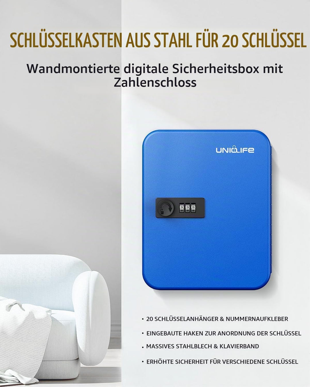 Uniclife 20 Fach Schlüsselbox mit Zahlenschloss und resettbarem Code, Blaue Digitale Sicherheitsbox