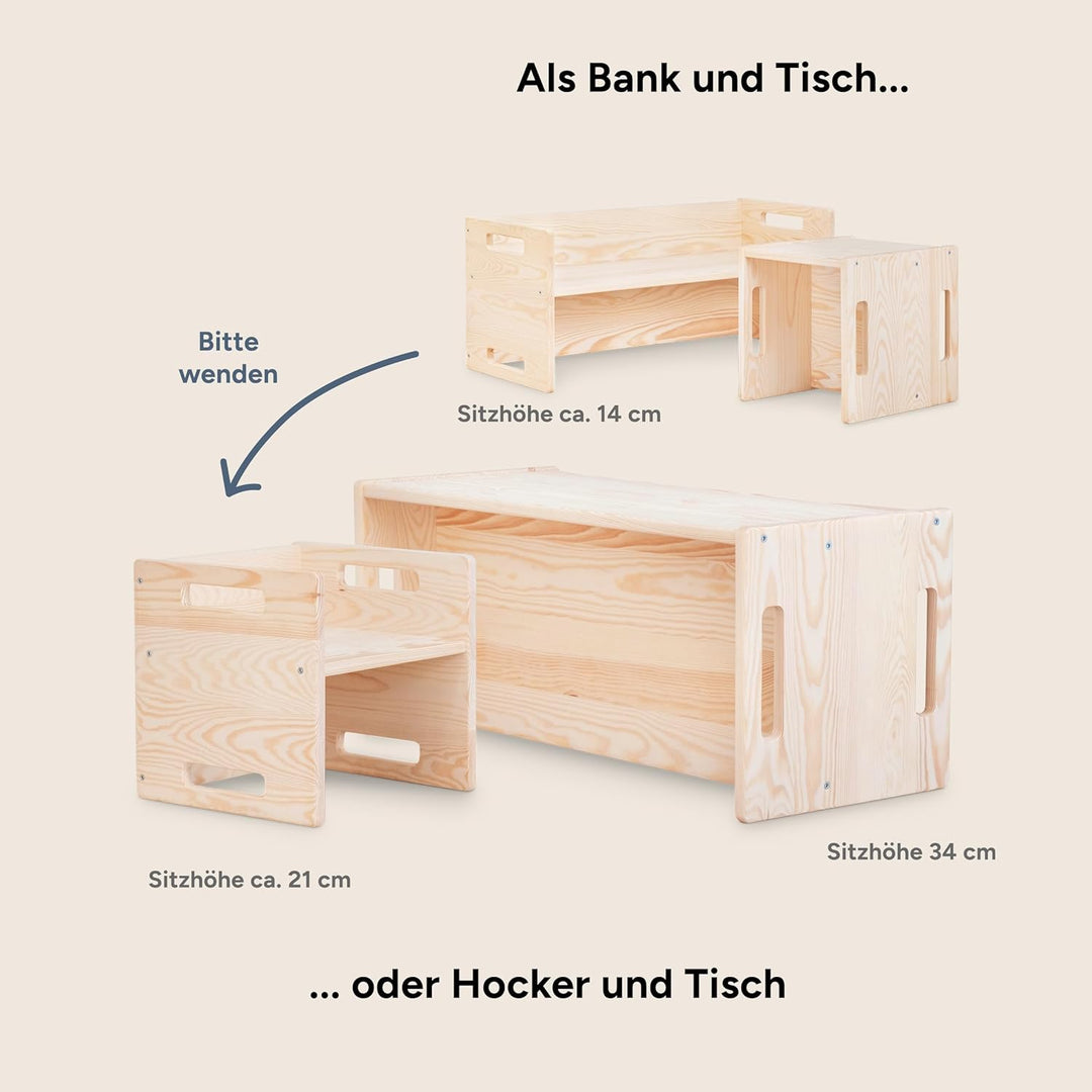 Ehrenkind® Kinder Wendebank | Bank aus Kiefernholz, Montessori-inspiriert, höhenverstellbar & kippsi
