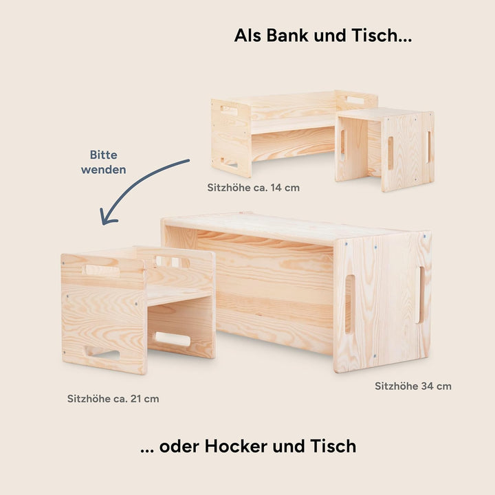 Ehrenkind® Kinder Wendebank | Bank aus Kiefernholz, Montessori-inspiriert, höhenverstellbar & kippsi