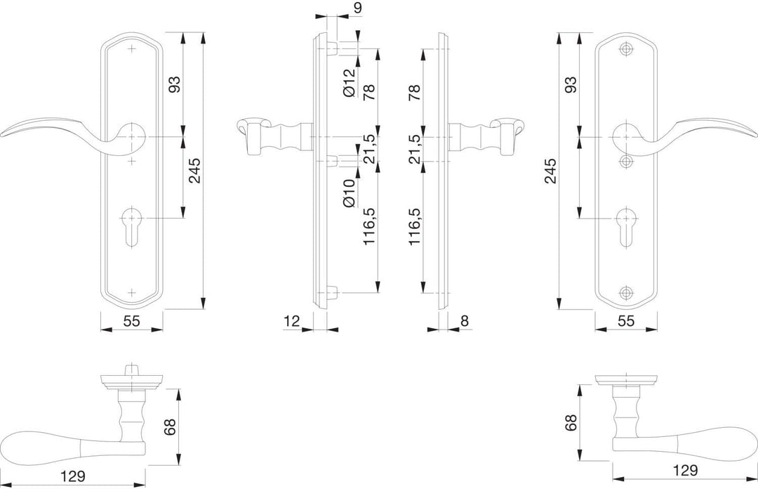 Sicherheits-Drückergarnitur MÜNCHEN - auf Schild PZ92, rechts, Türstärke 77-82, Messing PVD, rechts