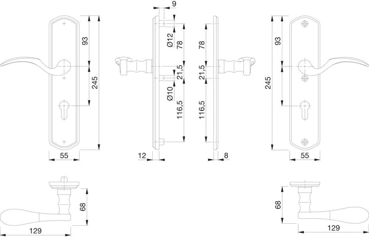 Sicherheits-Drückergarnitur MÜNCHEN - auf Schild PZ92, rechts, Türstärke 77-82, Messing PVD, rechts