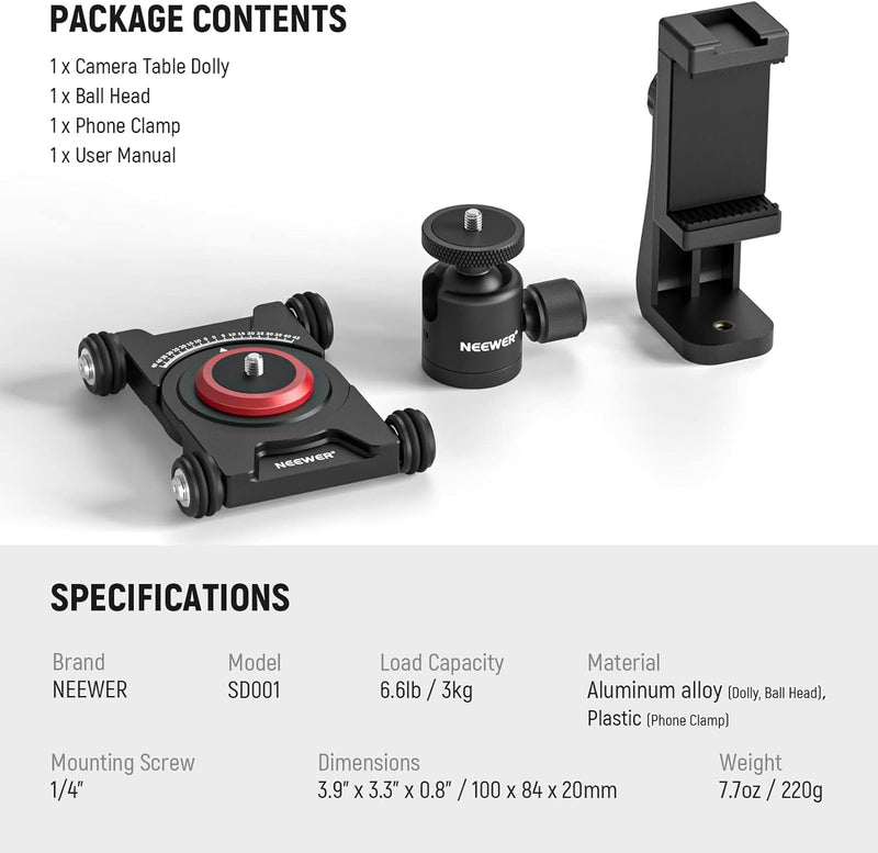 NEEWER Kamera Slider Dolly mit Kugelkopf und Telefonklemme, 4 rädriger Tisch Dolly mit 360° Panorama