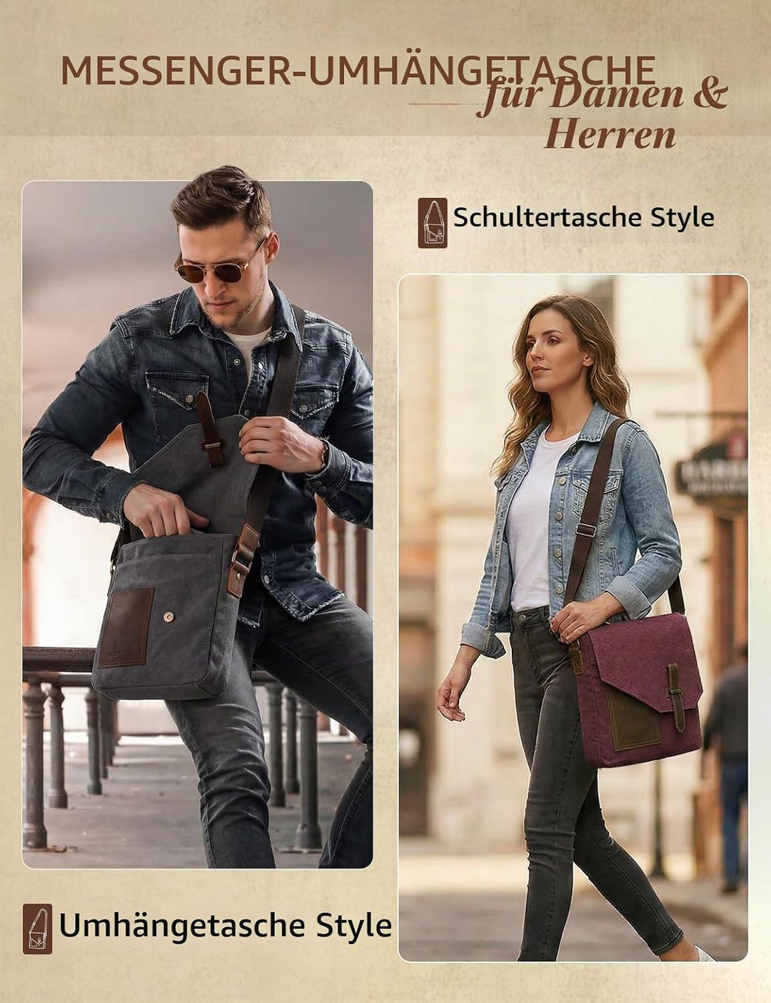 VASCHY Klein Umhängetasche Herren, Vintage Leinwand Herrentasche Echtes Leder Schultertasche Klassis