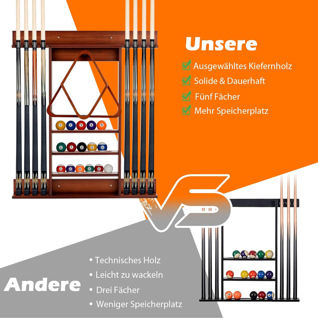 COSTWAY Billard Queue Halter Wandmontage, Wandqueuehalter für 8 Queues, 15 Billardkugeln und 1 Balls
