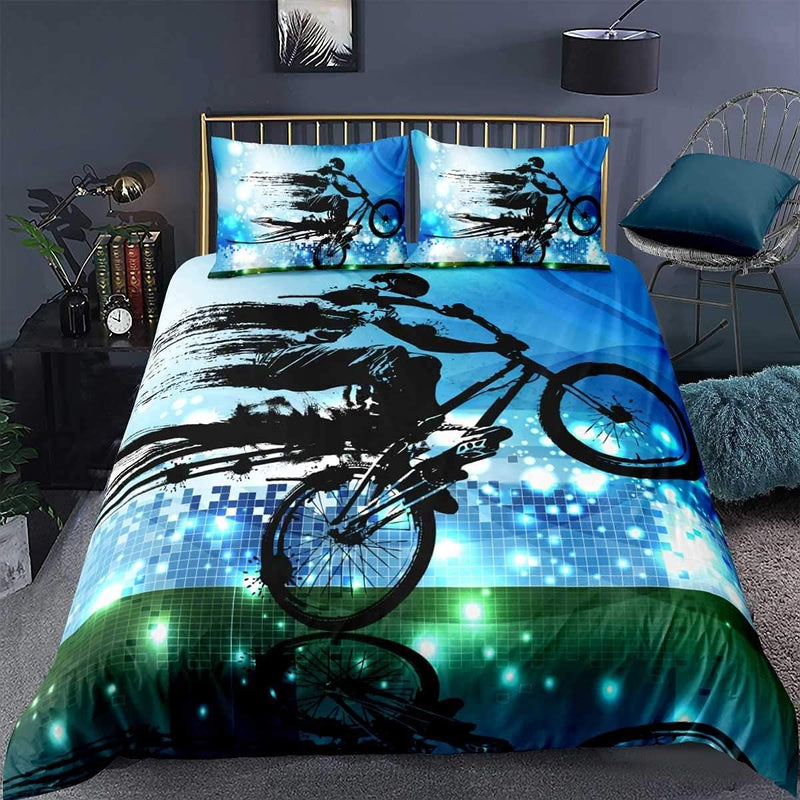 Loussiesd Jungen Bettbezug Set Dirt Bike Sport Bettwäscheset 135x200cm BMX Rider Silhouette Blau Grü