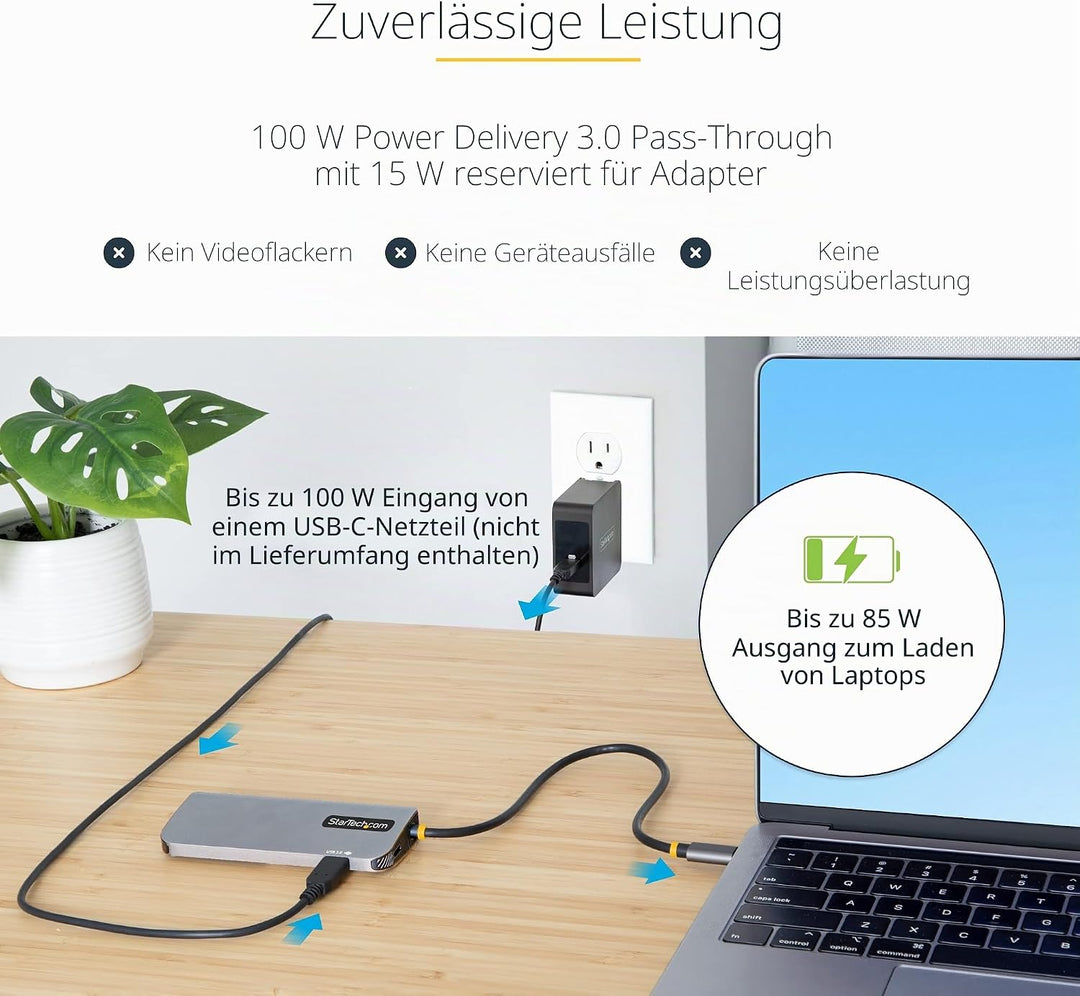 StarTech.com USB C Multiport Adapter, USB C auf HDMI Adapter 4K 60Hz, 5Gbit/s USB-A 3.0 Hub, 100W Po