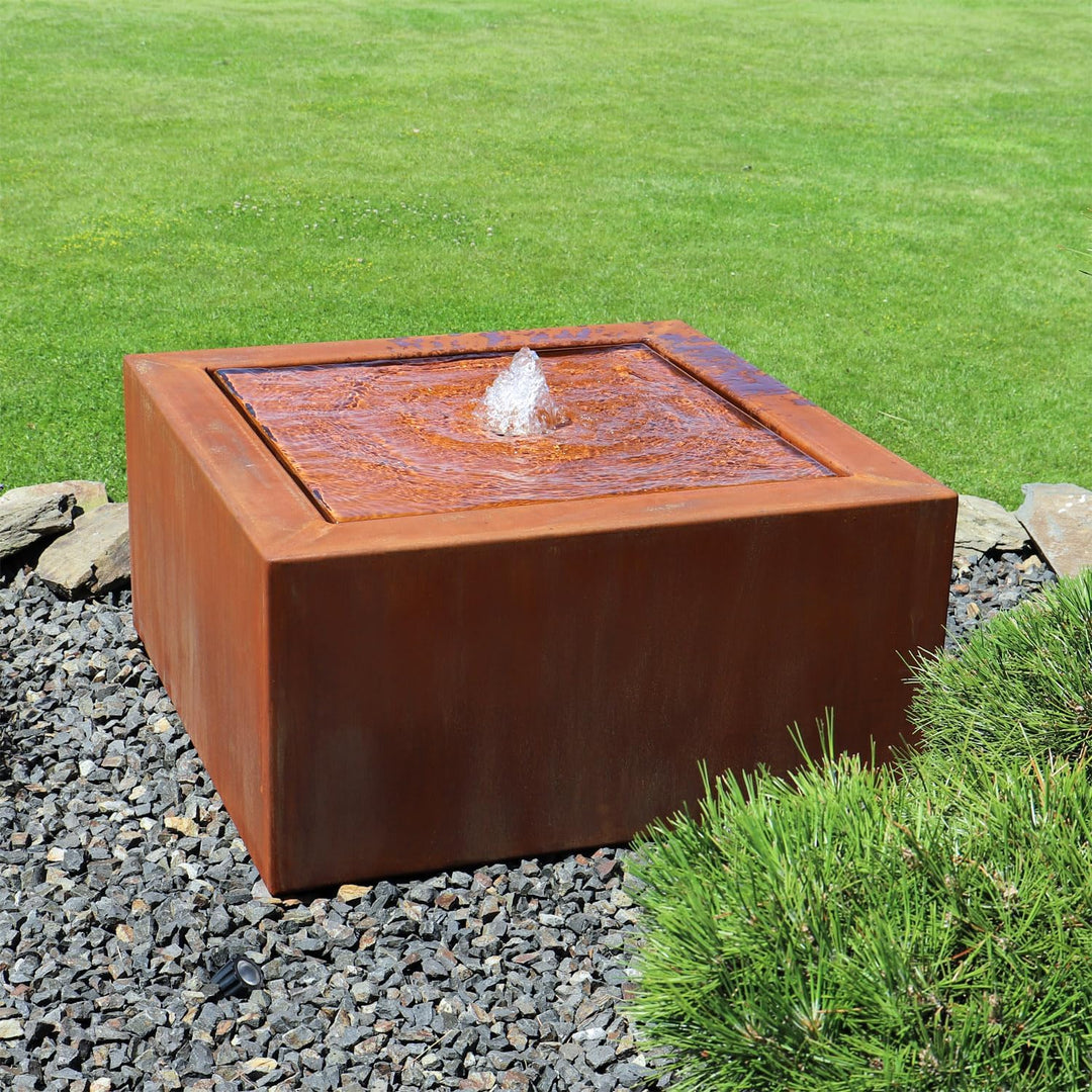Cortenstahl Brunnen Quadro Quellbrunnen für Garten &amp; Terrasse | Set mit LED Beleuchtung, Viereckig,