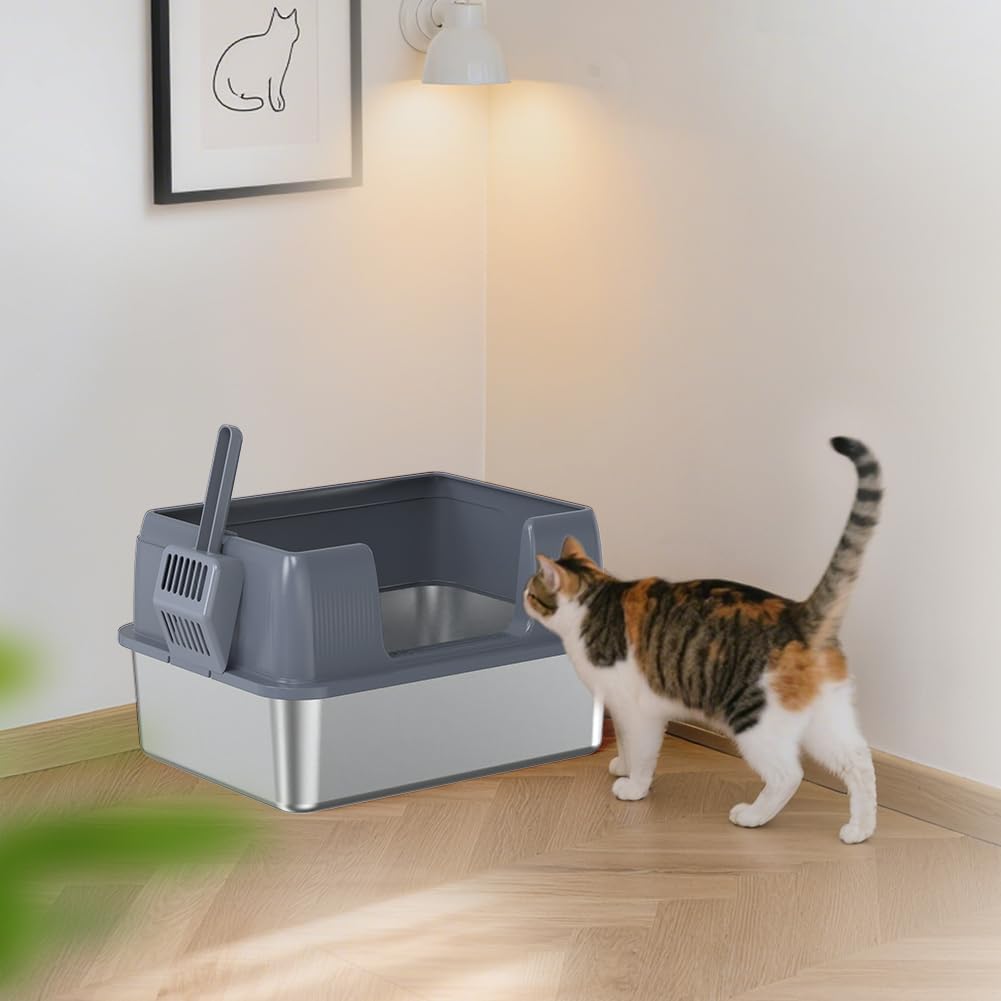 SZEE Kleine Edelstahl Katzenklo Quer für Kätzchen, Seiteneinstieg Katzentoilette aus Edelstahl, Leic
