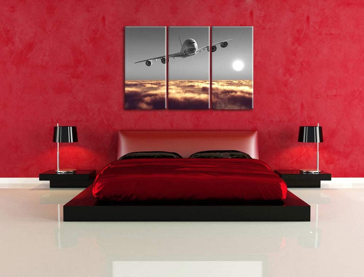 Pixxprint Flugzeug über Wolkenmeer 3Teiler 120x80 cm Leinwandbild Wandbild Kunstdruck