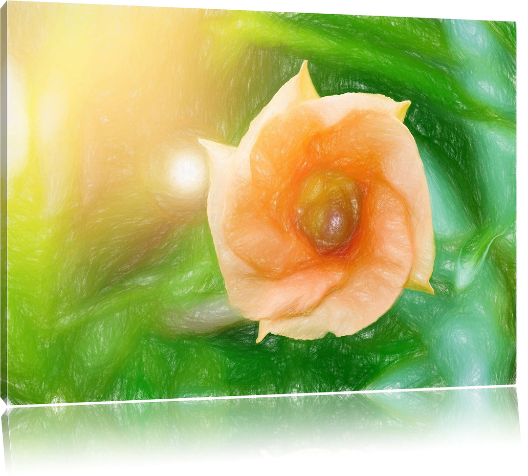 Pixxprint orange Blume im Sonnenlicht Kunst Buntstift Effekt, Format: 100x70 auf Leinwand, XXL riesi