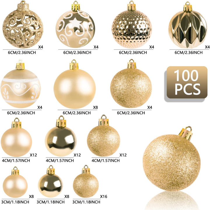 Ywlake Weihnachtskugel Ornamente Set für Weihnachtsbaum, 100-pcs Weihnachtsbaum Dekorationen Set Bru