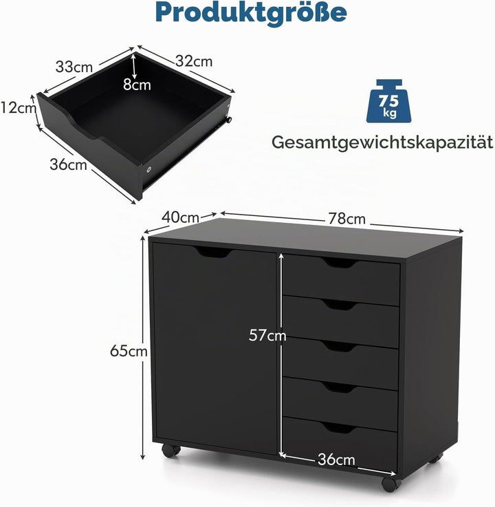 KOMFOTTEU Aktenschrank mit Rollen, Rollcontainer mit 5 Schubladen, Schubladenschrank Bürocontainer D