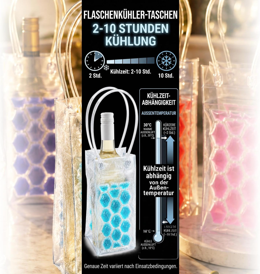 com-four® 4x Flaschenkühler mit Kühlgel - Kühltasche für Weinflaschen und Getränkeflaschen - wiederv
