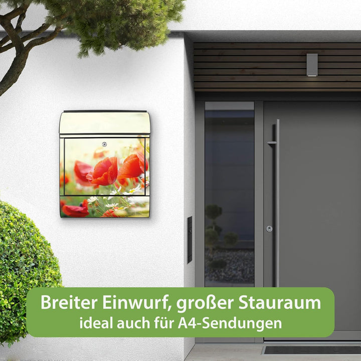 banjado® Design Briefkasten mit Motiv Kamille Und Mohn 39x47x14cm &amp; 2 Schlüssel - Briefkasten Stahl