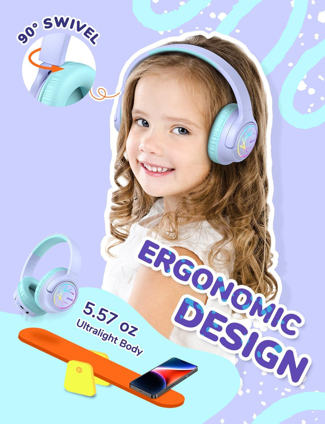 iClever Bluetooth kopfhörer Kinder mit LED-Leuchten, 74/85/94dB Lautstärkebegrenzung, 43 Stunden Spi