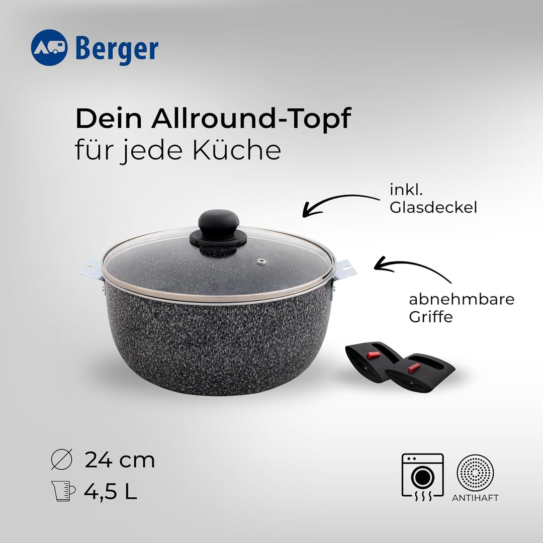 BERGER Aluminium Kochtopf mit Glasdeckel | 20 oder 24 cm | Abnehmbare Griffe | Camping Topf Induktio