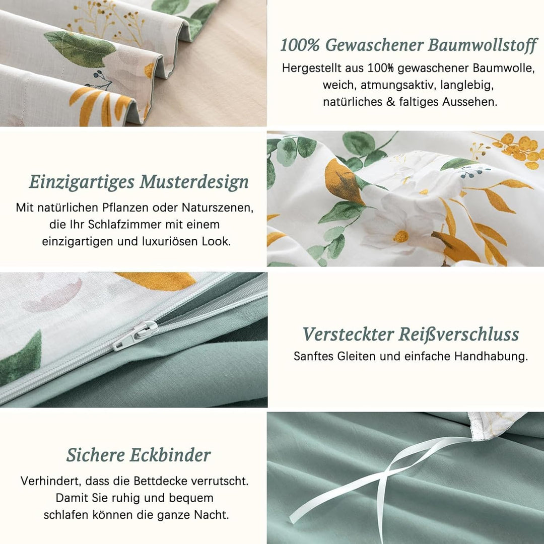 MILDLY Bettwäsche 200x200 Baumwolle, 100% Gewaschene, Pflanzenmuster mit Leinenartigem Griff，