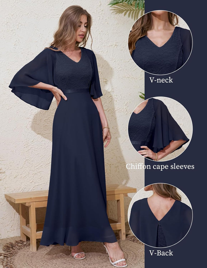 DRESSTELLS Damen Abendkleider Hochzeitsgast Chiffon Cape Ärmel Brautjungfer Kleider Cocktailkleid fü