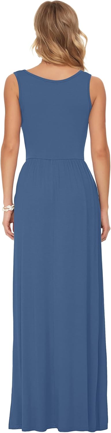 AUSELILY Damen Sommer Ärmelloses, lockeres Maxikleid Lässiges, langes Kleid mit Taschen S Beja Blue,