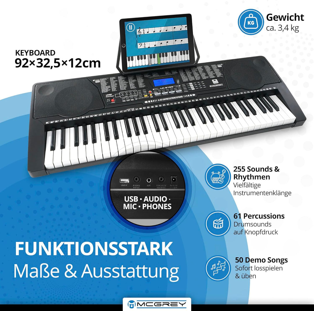McGrey LK-6150 61 Tasten Keyboard Set - Einsteiger-Keyboard mit 61 Leuchttasten - 255 Sounds und 255
