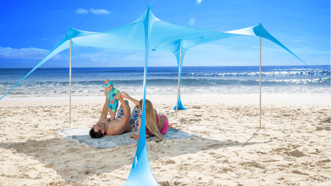 SUN NINJA Strandzelt, Sonnensegel LSF 50+, mit Sandschaufel, Heringen und Stabilitätsstangen, Schatt