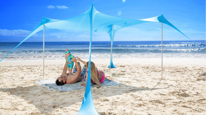 SUN NINJA Strandzelt, Sonnensegel LSF 50+, mit Sandschaufel, Heringen und Stabilitätsstangen, Schatt