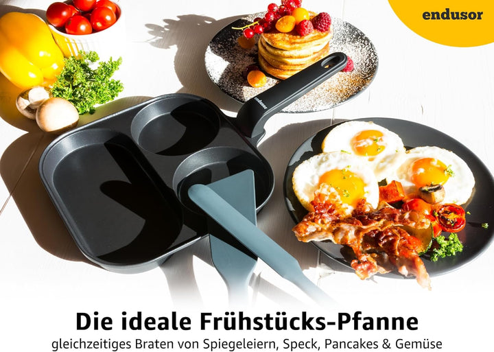 endusor Spiegeleipfanne mit Deckel (21cm) - Frühstückspfanne dreigeteilt mit Antihaft-Beschichtung f