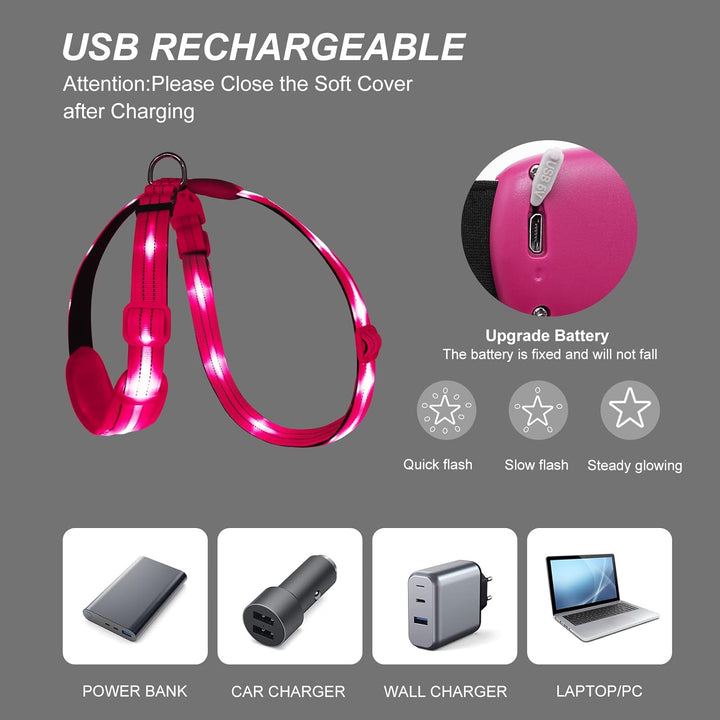 LED Hundegeschirr Leuchtend für Hunde, Leuchtgeschirr Hundeweste Wiederaufladbar Rosa Gross, Rosa Gr