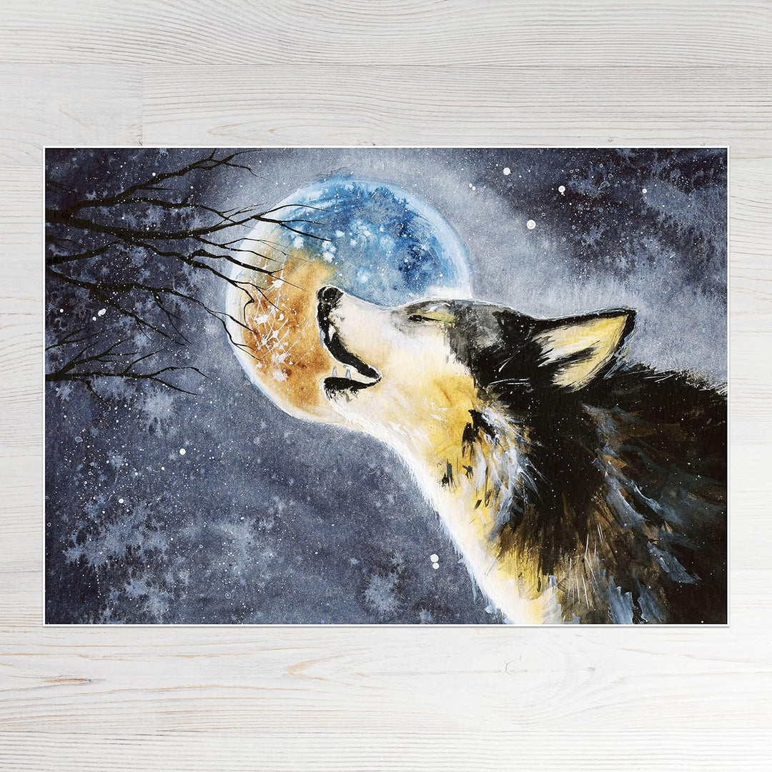 wandmotiv24 Poster als Wanddeko, Grösse 100x70cm, Heulender Wolf, Gemälde, Mond, Mitternacht, Tier,