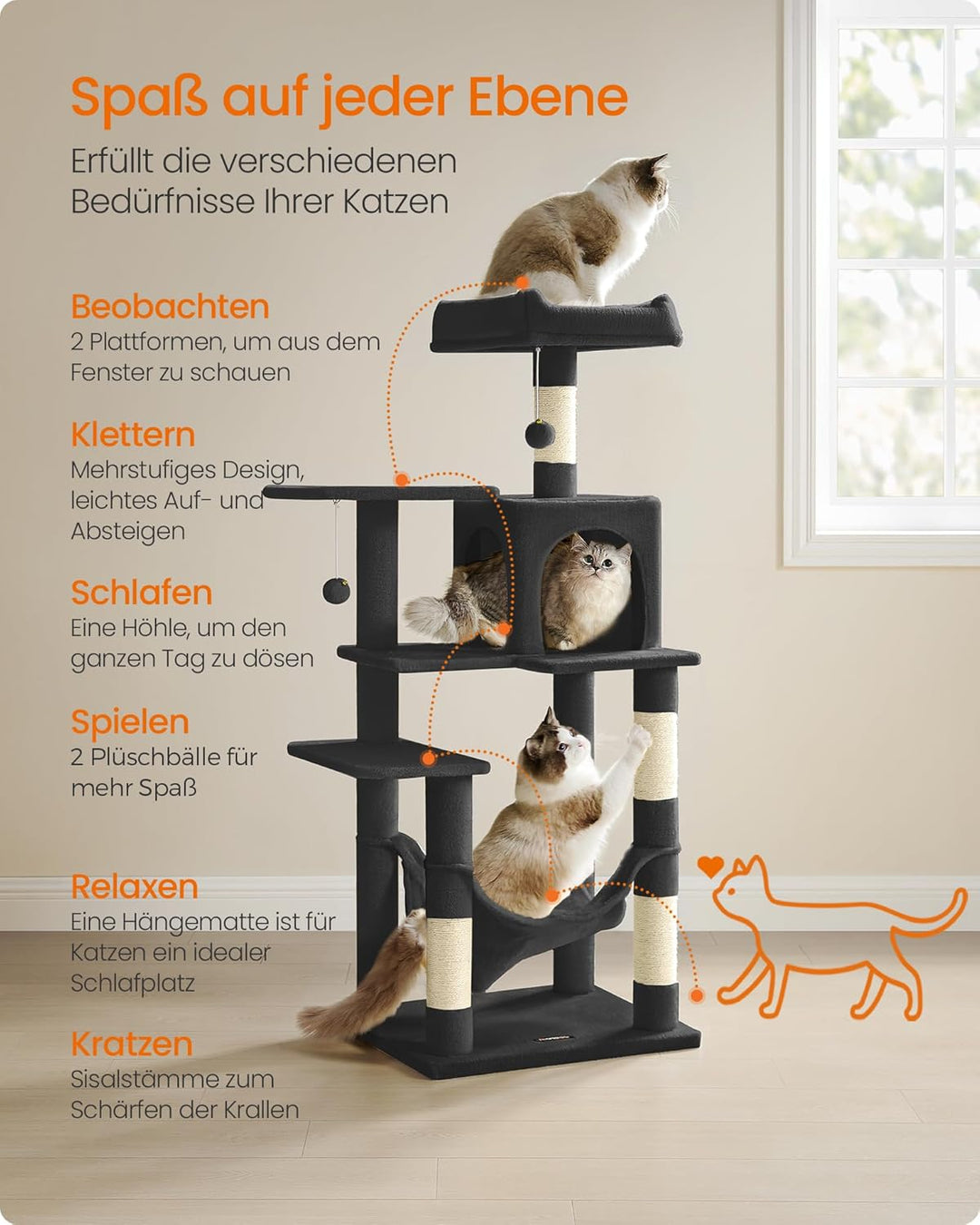 Feandrea Kratzbaum, 143 cm hoch, Katzenbaum, mehrstöckiges Katzenhaus, mit 4 Kratzsäulen, 2 Plattfor