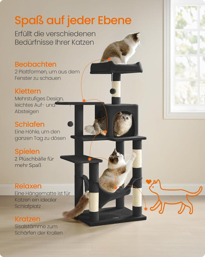Feandrea Kratzbaum, 143 cm hoch, Katzenbaum, mehrstöckiges Katzenhaus, mit 4 Kratzsäulen, 2 Plattfor