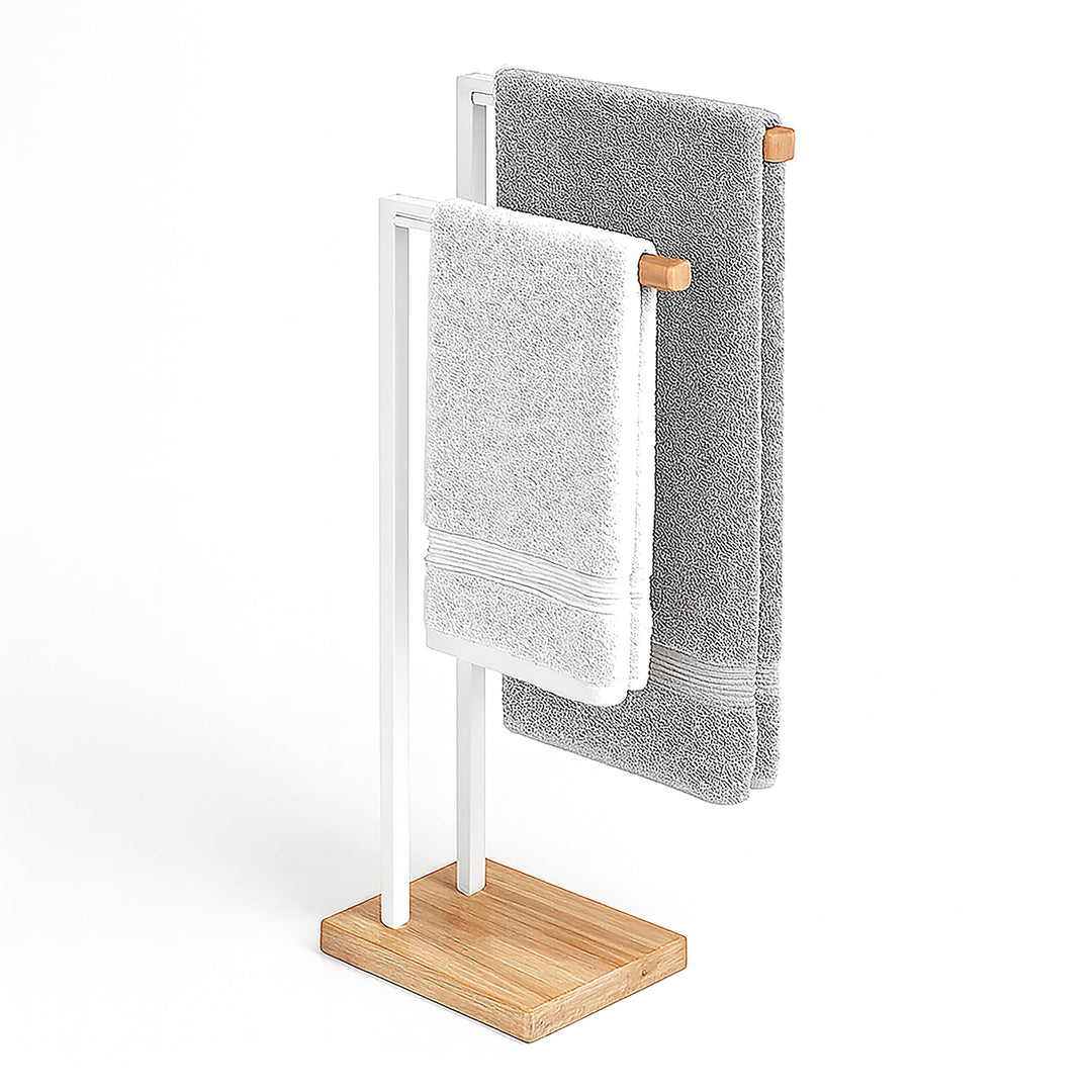Relaxdays Handtuchhalter stehend, Handtuchständer mit 2 Stangen, für Hand- & Badetücher, Eisen & Bam