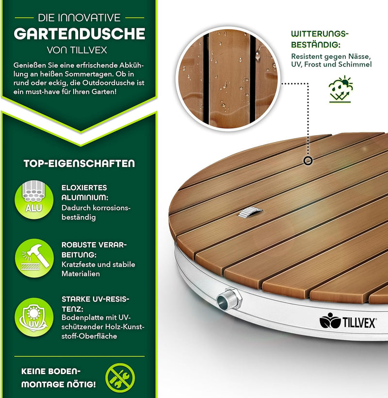 tillvex® Gartendusche Outdoor bis 4 m Fontänenhöhe | Bodendusche rund mit Fussrad | Aussendusche rut