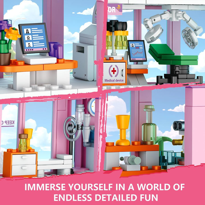 QLT QIAOLETONG Rosa Mädchen City Krankenhaus Baustein Set, Kompatibel mit Lego, inklusive Rettungs H