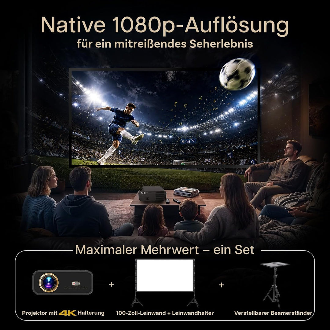Beamer mit WiFi & Bluetooth Outdoor, 100 Zoll Projektionsleinwand & Stativ von MMOBIEL – Native 1080