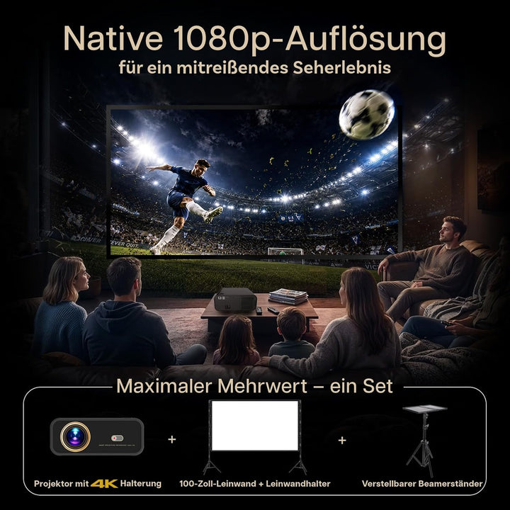 Beamer mit WiFi & Bluetooth Outdoor, 100 Zoll Projektionsleinwand & Stativ von MMOBIEL – Native 1080