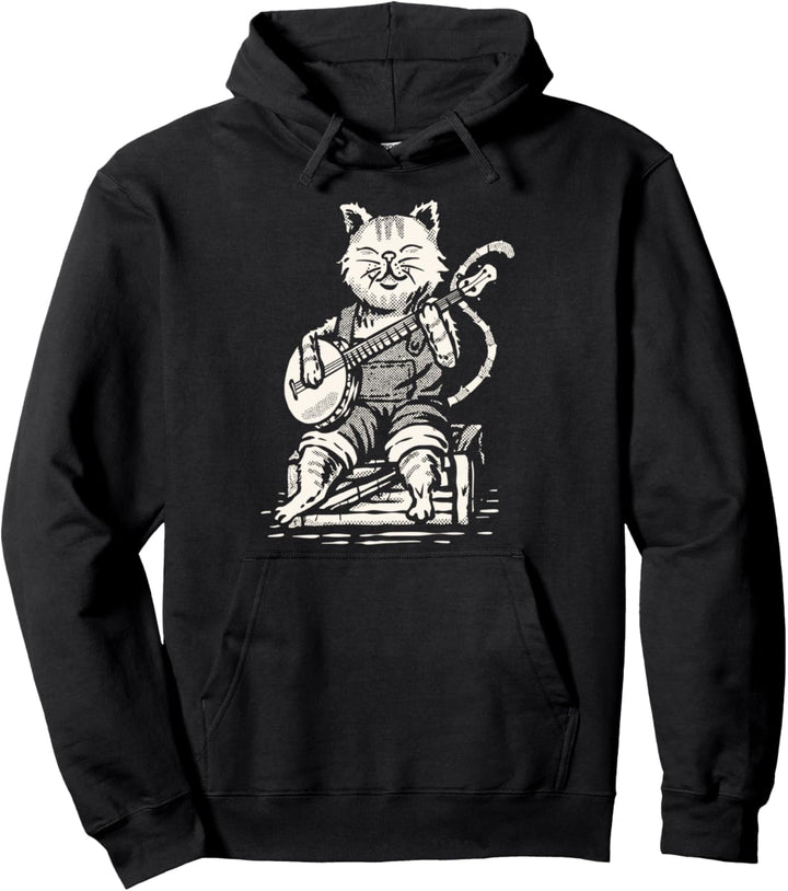 Cute Banjo Cat and Overalls Funny Bluegrass Music Pullover Hoodie