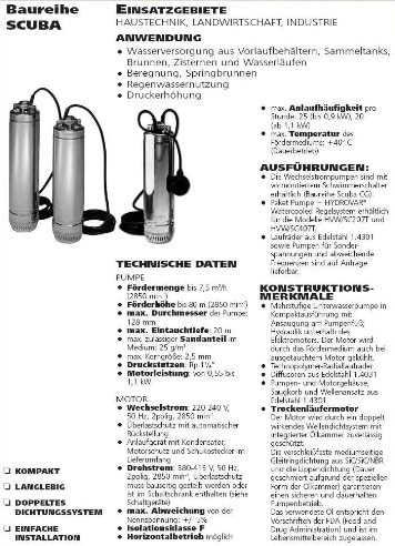 Lowara Scuba Unterwasserpumpen 5” SC207T L27 0,75 kW / 1,1 HP / 3x380-415V 50Hz