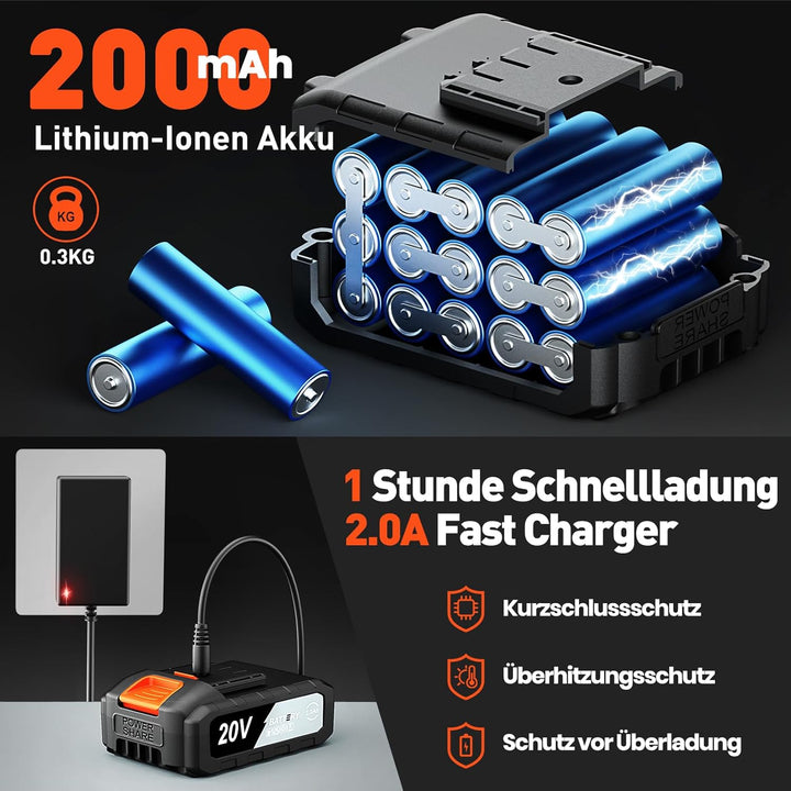 Akkuschrauber 20V, Akku Bohrschrauber Set, Akkubohrer mit 2000mAh Akkus und 25 Stück Zubehör, 42Nm D